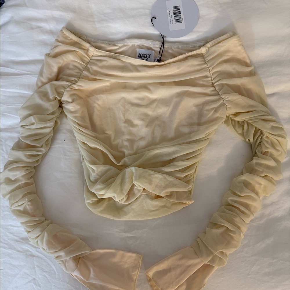 Princess Polly Moreno Cream Off-Shoulder Top